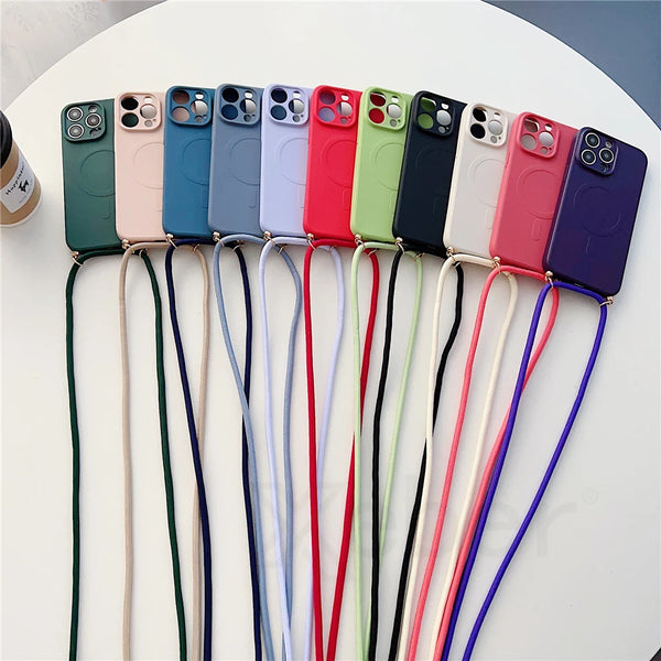 Crossbody Lanyard Soft Silicone Phone Case For iPhone Pro Max 13 12 11 For Magsafe Wireless Charge Cover