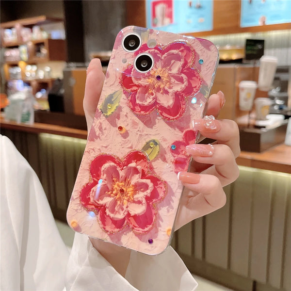 Glitter Diamond Oil Painting Flower Phone Cases For iPhone Pro Max XR XS X Camera Protection Soft Cover