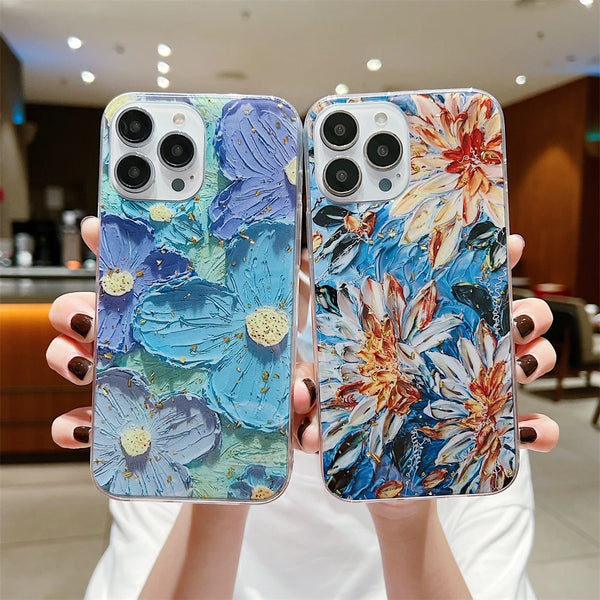 Gold Foil Retro Oil Painting Flowers Phone Case For iPhone 12 11 Pro Max Mini X XS Max XR 8 Plus Soft Shockproof Cover