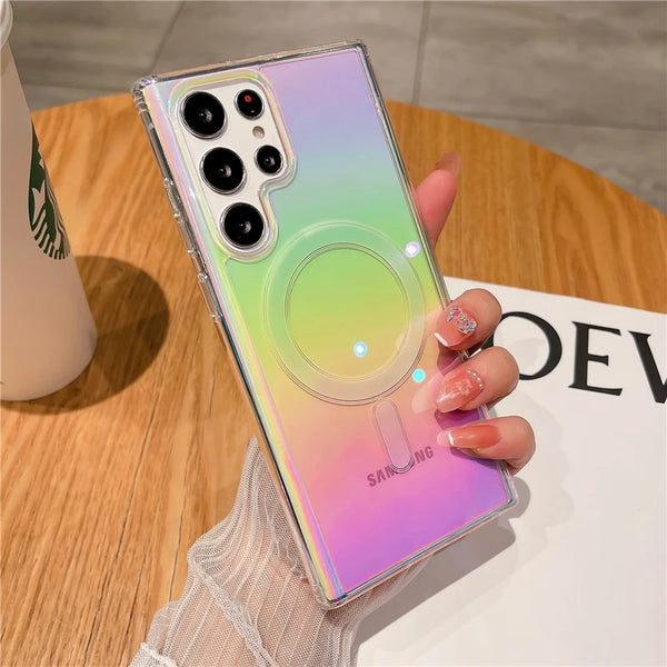 Gradient Rainbow Transparent Phone Case For Samsung S24 S23 Ultra S22 Plus For Magsafe Magnetic Wireless Charging Acrylic Cover