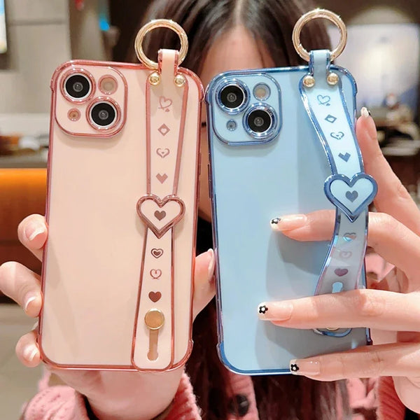 Love Heart Wristband Plating Case For iphone 15 14 13 Pro Max Silicone Soft TPU Shockproof Back Cover