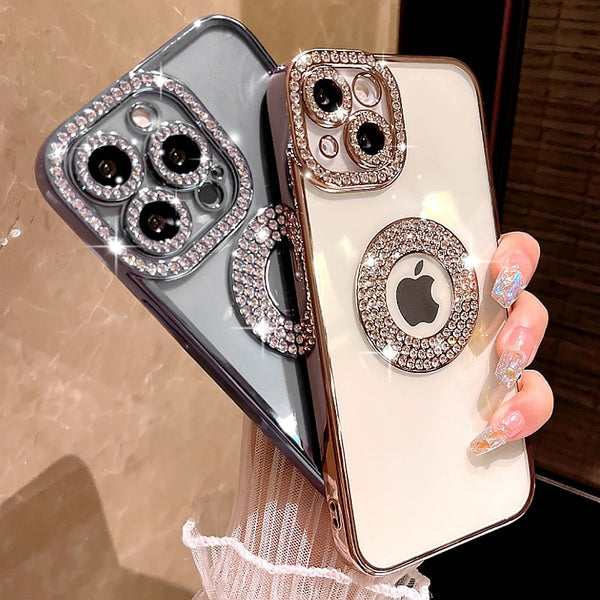 Luxury Electroplated Transparent Phone Case For iPhone 11 12 13 14 15 Pro Max Plus Hollow Out Glitter Bumper Soft Rhinestone Cover