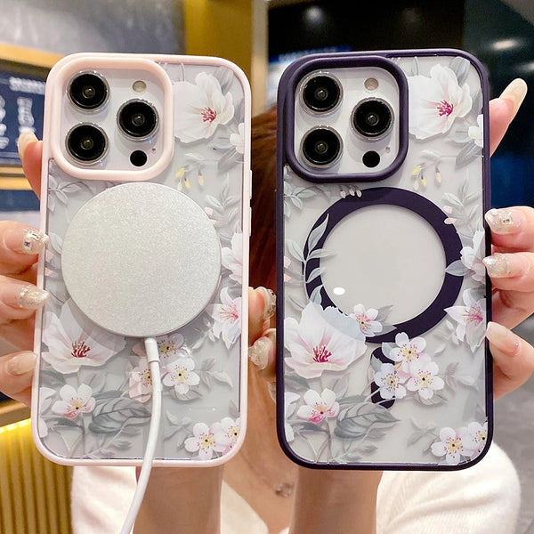 Cases For iPhone 15 Pro Max 14 13 12 11 Luxury Magnetic Flower For Magsafe Transparent Wireless Charging Shockproof Hard Cover