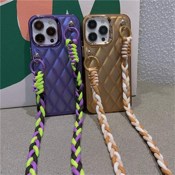 Crossbody Lanyard Diamond Pattern Cases For iPhone 15 Pro Max 14 Plus 13 12 11 Braided Rope Shoulder Strap Shockproof PC Cover