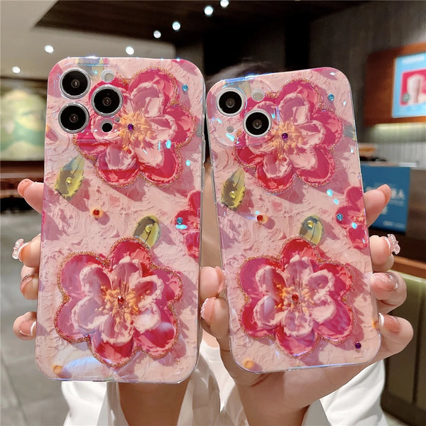 Glitter Diamond Oil Painting Flower Phone Cases For iPhone 15 14 13 Plus Case Camera Protection Soft Cover