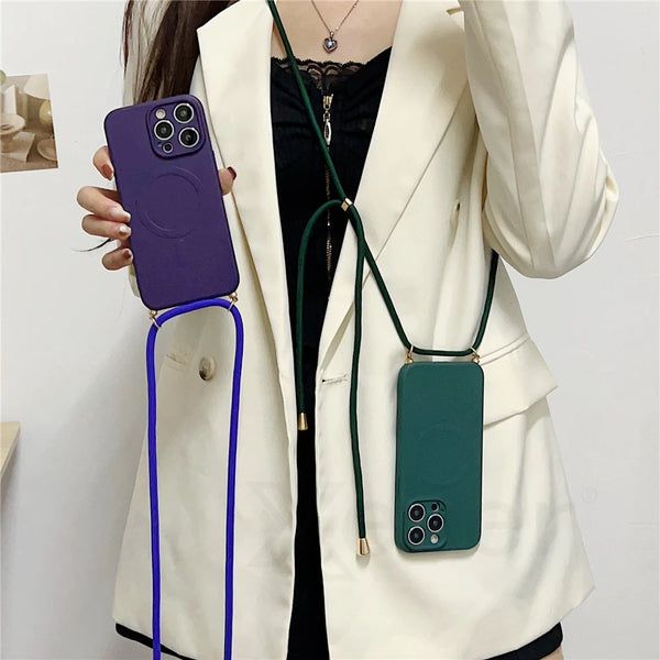 Crossbody Lanyard Soft Silicone iPhone Pro Max XR XS X 7 8 Plus Phone Cases For Magsafe Wireless Charge Cover