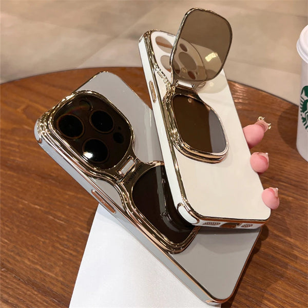 Plating Sunglasses Bracket Stand Case For iPhone 15 Pro Max 14 13 Silicone Shockproof Folding Camera Protection Holder Cover