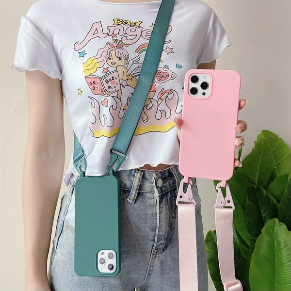 Crossbody Necklace Strap Silicone Phone Case For iPhone Pro Max 13 12 Plus Cases Lanyard Rope Soft Cover