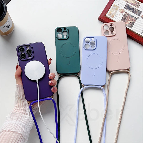 Crossbody Lanyard Soft Silicone Phone Case For iPhone 15 Pro Max 14 Plus For Magsafe Wireless Charge Cover