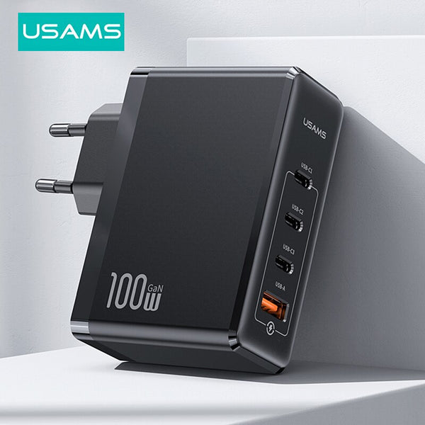 USAMS 100W GaN Charger 4 USB Ports Type-C Fast Charging QC4.0 USB C Phone Charger For iPhone 14 13 12 11 Pro Xiaomi Samsung Notebook