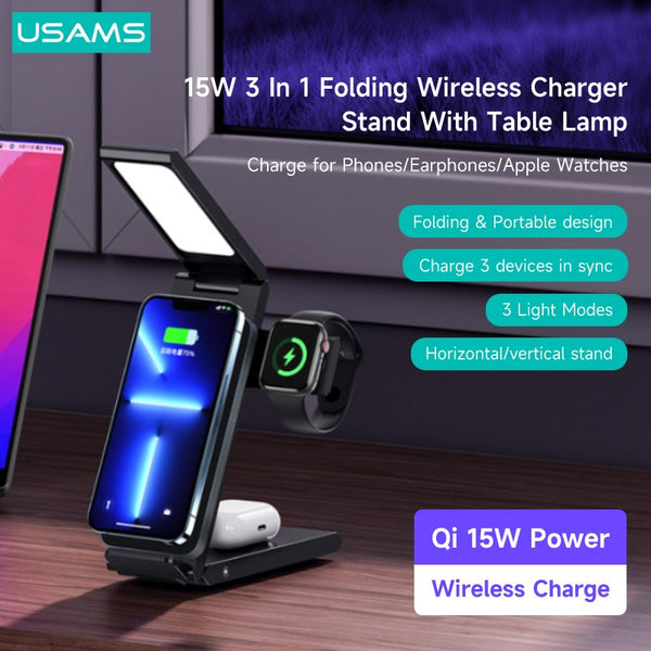 USAMS 15W 3 in 1 Foldable Wireless Charger Stand With Table Lamp For iPhone Apple iWatch AirPods Pro Case Android Samsung Xiaomi Huawei