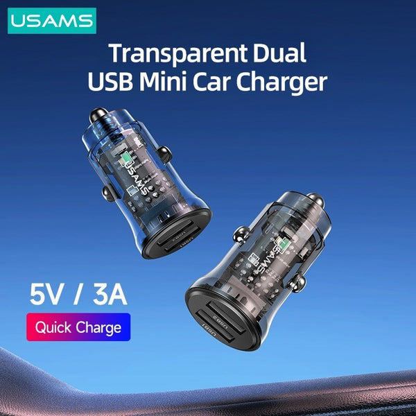 USAMS 15W 5V 3A Dual USB Car Charger Mini Car Quick Charger With Blue Ambient Light For iPhone 14 13 12 iPad Huawei Samsung Xiaomi