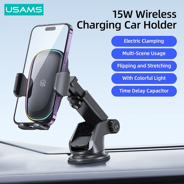 USAMS 15W Wireless Charging Car Holder With Colorful Light For iPhone 14 13 12 11 Android Phone Car Bracket Phone Stand