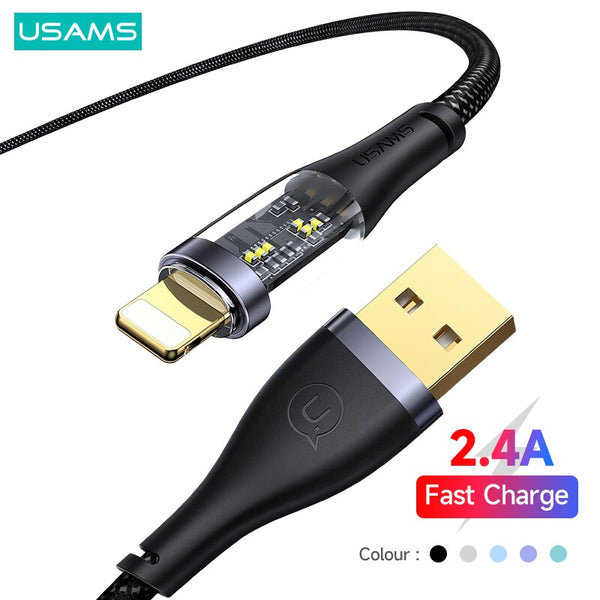 USAMS 2.4A USB Cable Fast Charging Charger Transparent Data Cable Cord For iPhone 14 13 12 11 Pro Plus Max XR XS Max 7 8 6S Plus iPad