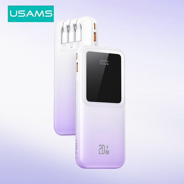 USAMS 22.5W Power Bank 10000mAh Built-in Cable Fast Charge Portable Powerbank External Battery Charger for iPhone Huawei Xiaomi Samsung