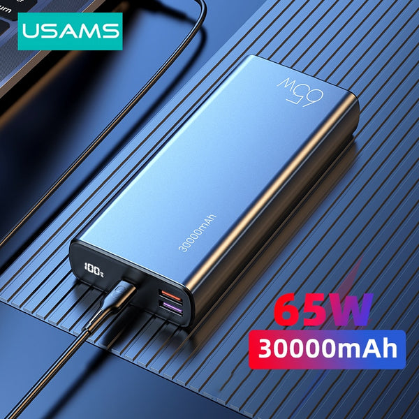 USAMS 30000mAh Power Bank 65W PD Fast Charging Powerbank Portable External Battery Phone Charger For iPhone iPad Samsung Xiaomi Huawei