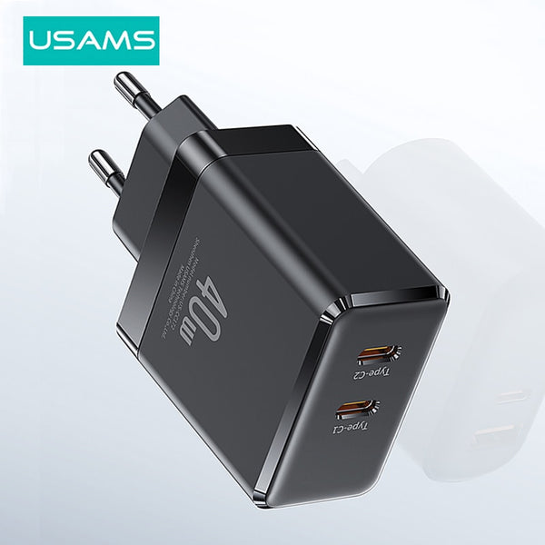 USAMS 40W GaN USB Charger Dual Type C PD Fast Charging Phone Charger QC3.0 PPS Quick Charge for iPhone 14 13 12 Pro Max 14 Plus Tablet