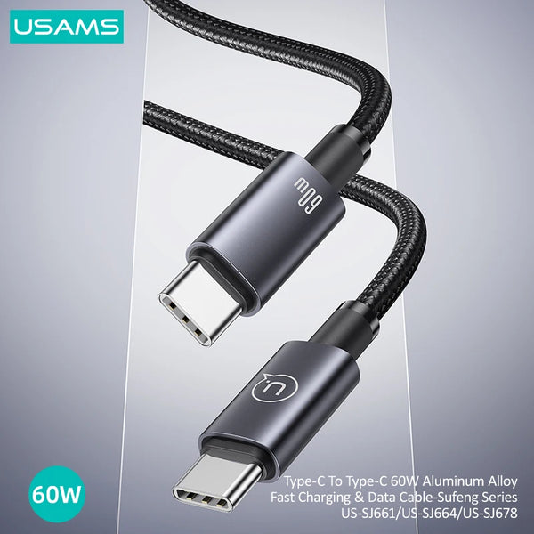 USAMS 60W PD USB C To USB C Cable For iPhone Pro Max Fast Charging Cables For Xiaomi Samsung Data Wire Phone Cable