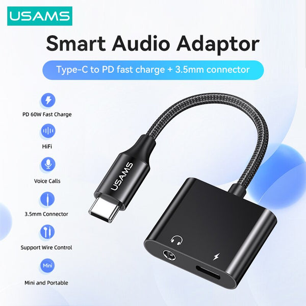 USAMS AU15 2 In 1 Type C Tot 3.5Mm Type C Otg Adapter Voor Audio Adapter With PD 60W Charging Port For Huawei Xiaomi Samsung