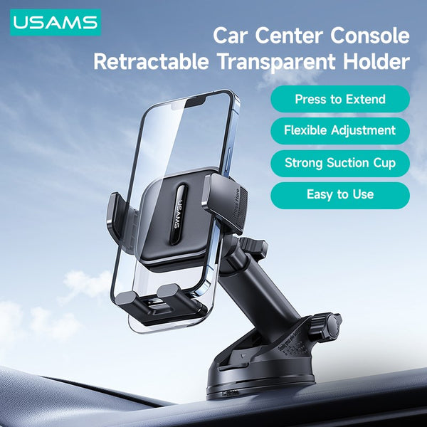 USAMS Car Center Console Retractable Transparent Holder Car Bracket Phone Stand For  Samsung iPhone 14 13 12 11 Xiaomi Huawei Phone
