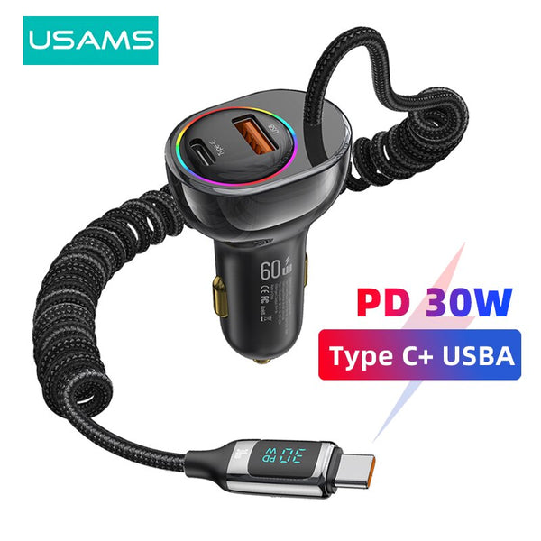 USAMS Car Charger Built-in 30W PD USB Cable Type C Fast Phone Charger in Car For iPhone 15 14 13 12 Pro Samsung Redmi Note 13 12 11 10 Pro