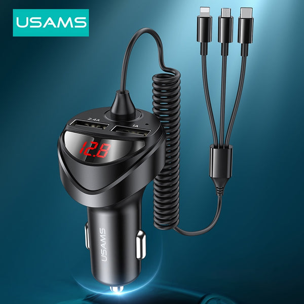USAMS Dual USB Car Phone Charger 3in1 Fast Phone Charger with Type C Cable LED Digital Display For iPhone Xiaomi Samsung Huawei