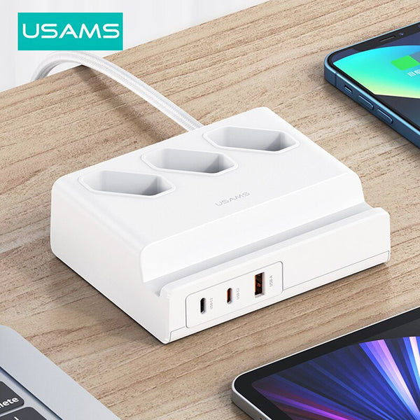 USAMS Electrical Sockets with 3 EU USB Ports 65W Type C PD Fast Charging Power Strip 3AC Outlet Travel Adaptor Plug For Home Office