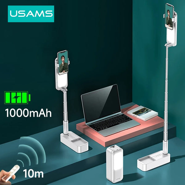 USAMS LED Video Foldable Bracket Phone Holder Clip For Youtube Vlog Live Bluetooth Wireless Selfie Stick For iPhone and Android Phone Samsung Xiaomi Huawei