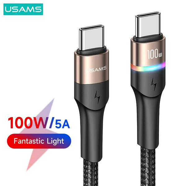 USAMS PD 100W 6A Colorful LED Indicator Fast Charge Data Cable QC USB A C To Type C Cable For Samsung Huawei Xiaomi Tablet Laptop Cable