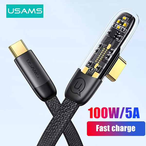 USAMS PD 100W Elbow Game Cable For Huawei Xiaomi Samsung Type C to Type C Data Cables Fast Charge USB C Cable For MacBook iPad
