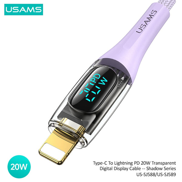 USAMS PD 20W Fast Charging Type-C To Lightning Cable For iPhone 14 13 12 Pro Max X XR XS Max Transparent Digital Display Data Cable For iPad Pro