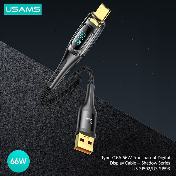USAMS PD 66W 6A Fast Charging Cable Transparent Digital Display Cable Type-C To Type-C Cable For Samsung Huawei Xiaomi Macbook