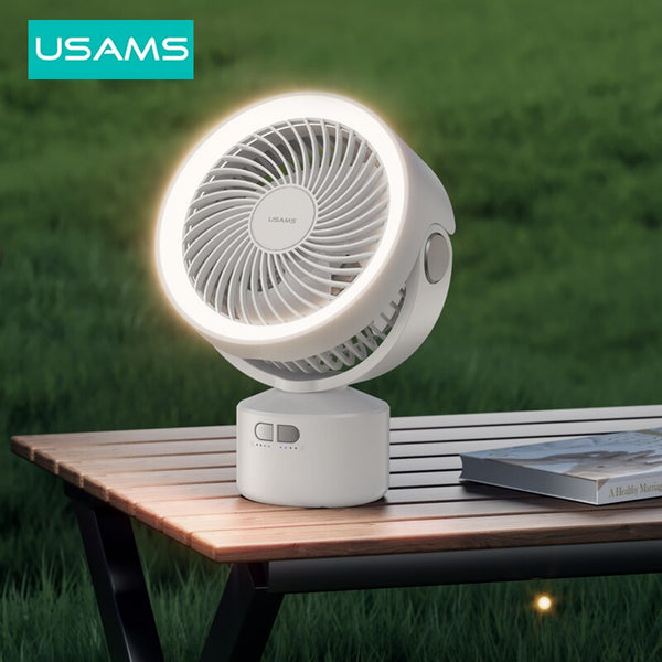 USAMS Portable Camping Fan 4000mAh Rechargeable Multifunctional USB Fan Outdoor LED Light Tripod Stand Desktop Mini Cooler Fan