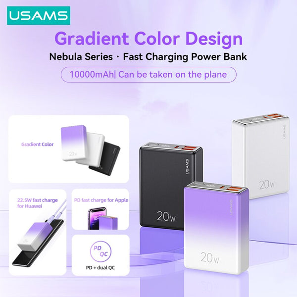 USAMS Power Bank 10000mAh With 20W PD Fast Charging Powerbank Portable Battery Charger For iPhone 14 Pro Max Xiaomi Huawei Phone