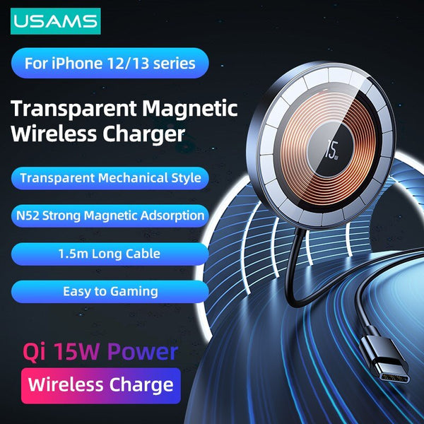 USAMS Qi 15W Transparent Aluminum Alloy Magnetic Wireless Charger For iPhone 14 13 Xiaomi Samsung Huawei Wireless Charger