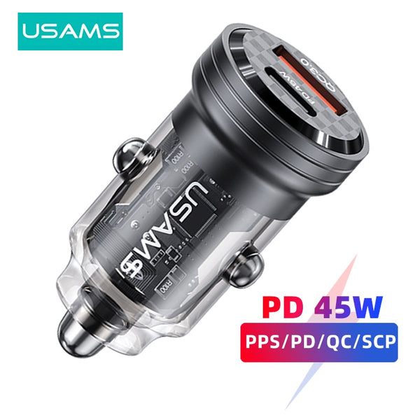 USAMS Transparent Car Charger 45W Type C PD Fast Phone Charger for iPhone 14 13 12 11 Pro Max Xiaomi Huawei Poco USB Car Charger
