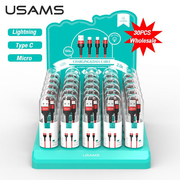USAMS U26 30pcs 1m 2A Charge Data Cable Micro USB Type C Lightning Braided Cable For iPhone 14 13 12 11 Samsung Xiaomi Huawei