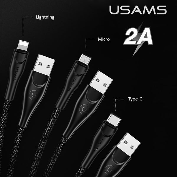 USAMS U41 2A 1m 2m 3m Type C Micro USB Lightning Phone Cable For iPhone 14 13 12 11 X 8 iPad Huawei Sumsung Android Data Sync Cable