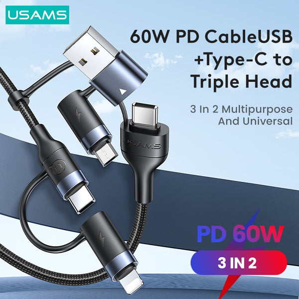 USAMS U62 60W 3 In 2 Cable Quick Charging Data Cable For iPhone 14 13 12 Plus Mini Pro Max MacBook iPad Air Pro Huawei Xiaomi Samsung