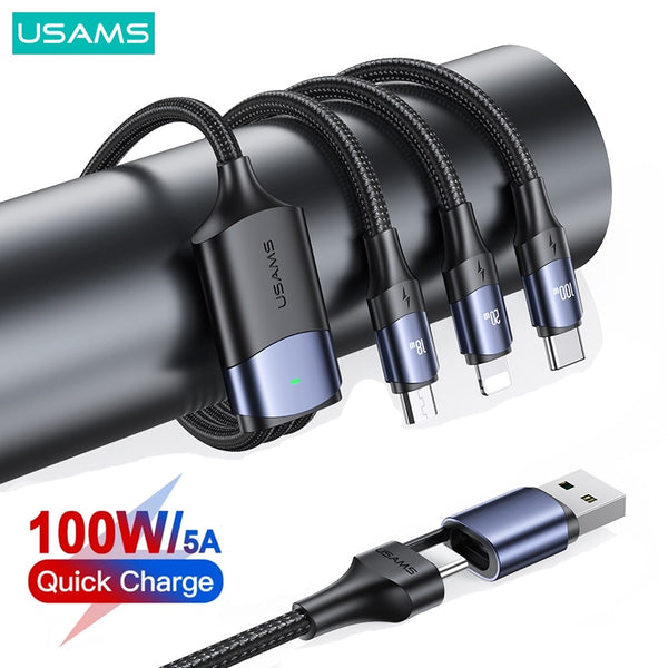 USAMS U71 100W 3 In 2 Fast Charging Data Cable For iPhone 14 13 12 Mini Pro Max MacBook iPad Air Pro Xiaomi OPPO Huawei Samsung