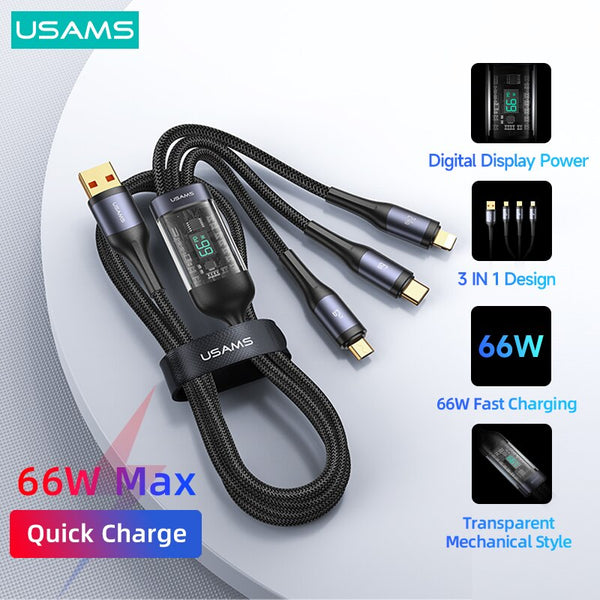 USAMS U83 66W 3 In 1 Digital Display Cable For iPhone 14 13 12 11 iPad Quick Chargng Data Cable For Huawei OPPO Xiaomi Samsung