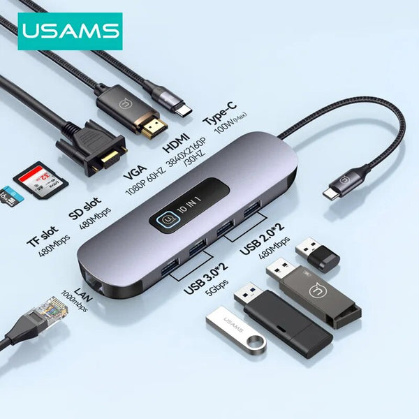 USAMS USB C Hub Type C to HDMI2.0 RJ45 PD 100W Charger For Macbook iPad Air Pro PC Accessories Type C 3.1 Splitter USB Hub