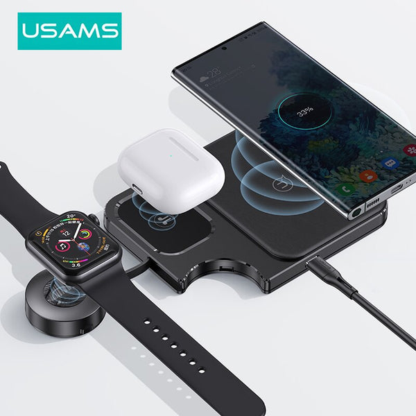 USAMS Wireless Charger Pad For iPhone 14 13 12 Pro Max 14Plus 3 in 1 Fast Wirless Charging Dock Station for Apple Watch Earphoones
