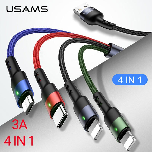 USAMS 3A 4 In 1 Charging Data Cable For iPhone 14 13 12 11 X  8 Micro USB Type C Lighting 3 In 1 Cable For Samsung Huawei Xiaomi