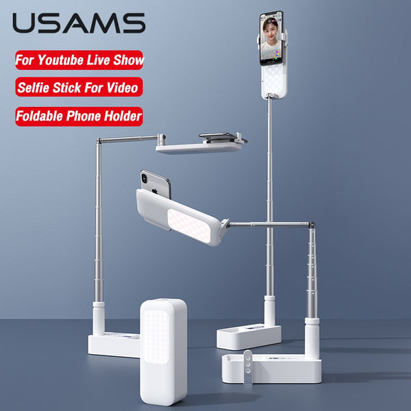 USAMS LED Video Foldable Bracket Phone Holder Clip For Youtube Vlog Live Bluetooth Wireless Selfie Stick For IOS Andriod Phones