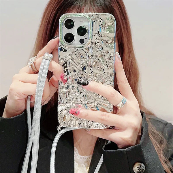 Bling Silver Paper Crossbody Lanyard Phone Cases For iphone 15 14 Plus 13 Mini Pro Max Silicone Soft TPU Back Cover