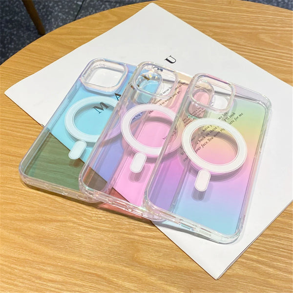 Colorful Laser For Magsafe Magnetic Wireless Charging Cases For iPhone 15 Pro Max 14 Plus 13 12 11 Transparent Shockproof Cover