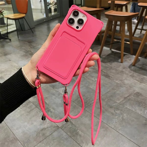 Crossbody Lanyard Wallet Card Holder Cases For iPhone Pro Max 12 11 Necklace Rope Silicone Soft Cover
