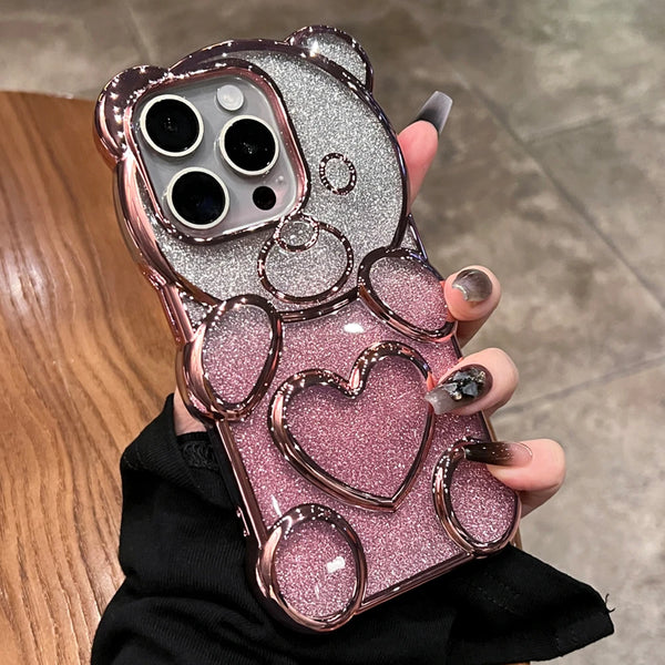 Cute Plating Gradient Glitter Bear Transparent iPhone 15 Pro Max 14 13 12 Cases Air Cushion Shockproof Soft Silicone Cover