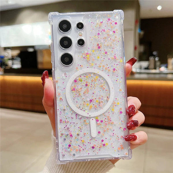 Samsung Galaxy S24 Ultra S23 Plus Cases Fashion Quicksilver Glitter Sequins Magnetic Wireless Charge Shockproof Bumper Cover